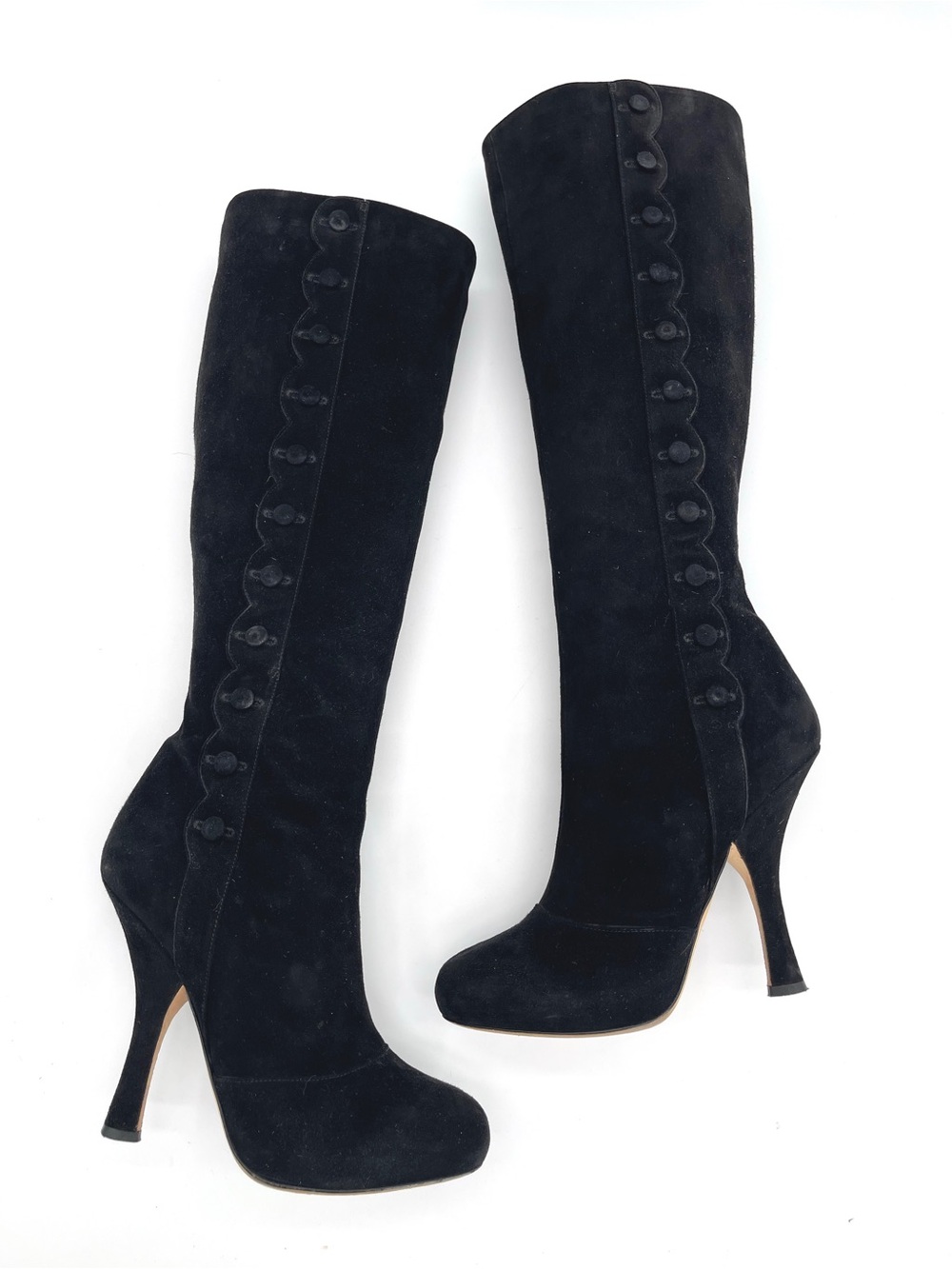 Dolce & Gabbana Black Suede Scalloped Button Knee High Stiletto Boots IT 39